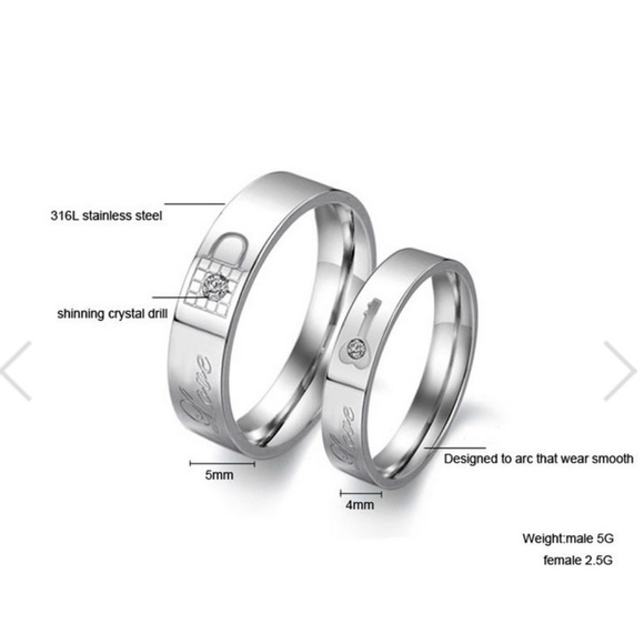 Stainless Steel Love Lock & Key Wedding Band Set - Picture 6 of 12